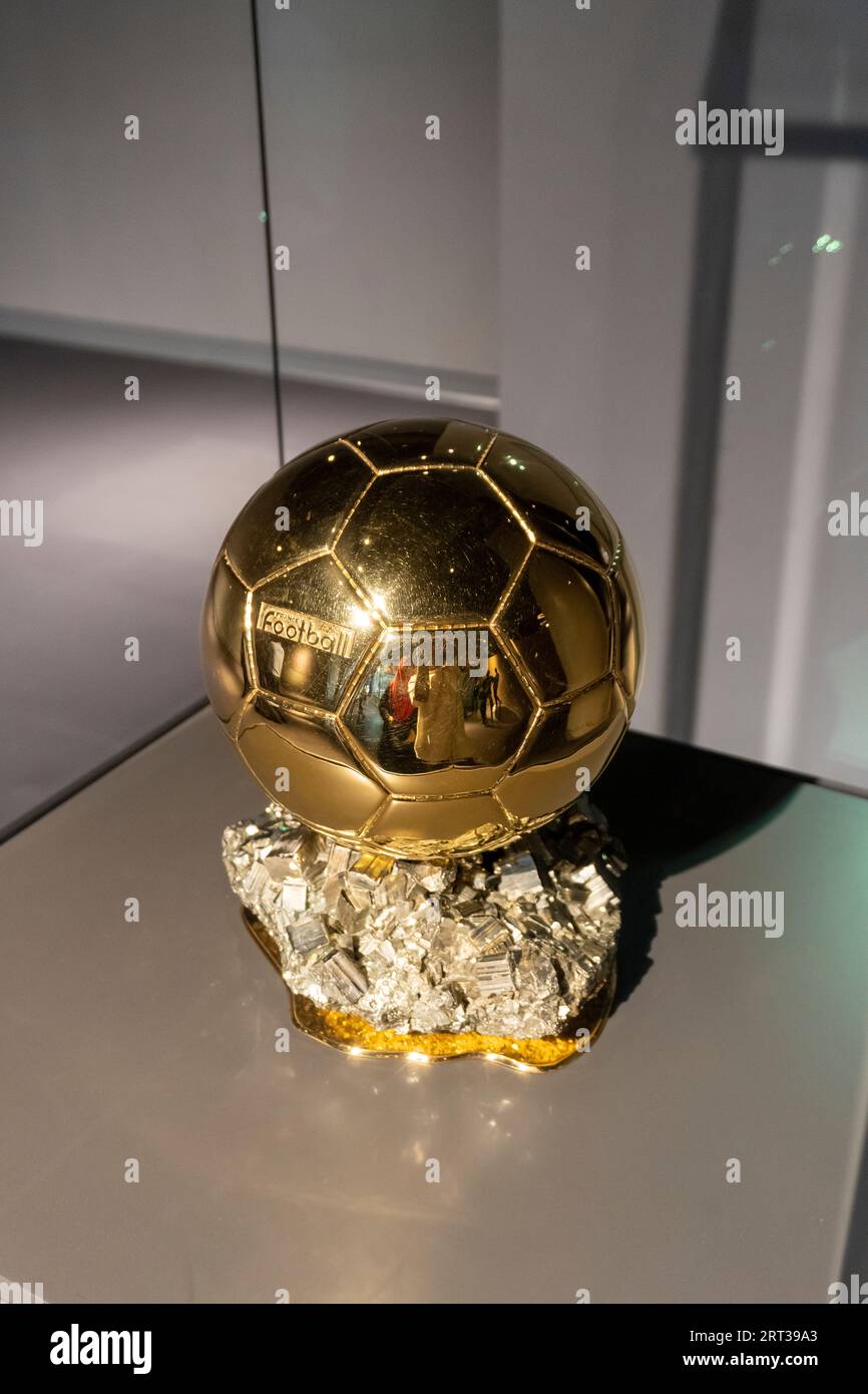 Lionel Messi's Ballon d'Or on display in 3-2-1 Qatar Olympic and Sports Museum. A museum in Doha. Located in Khalifa International Stadium. Stock Photo