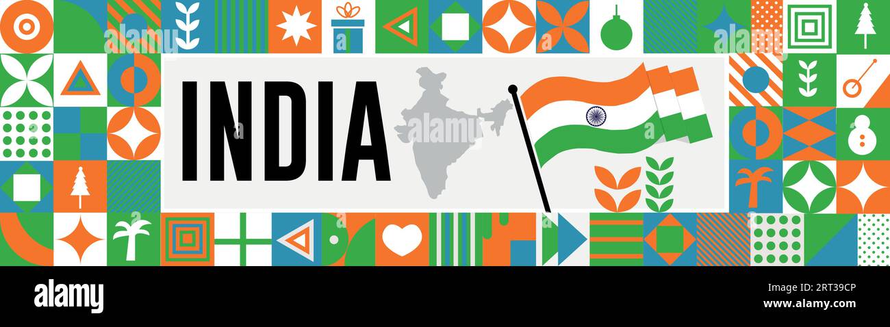 INDIA national day banner with map, flag colors theme background and geometric abstract retro modern colorfull design with raised hands or fists. Stock Vector