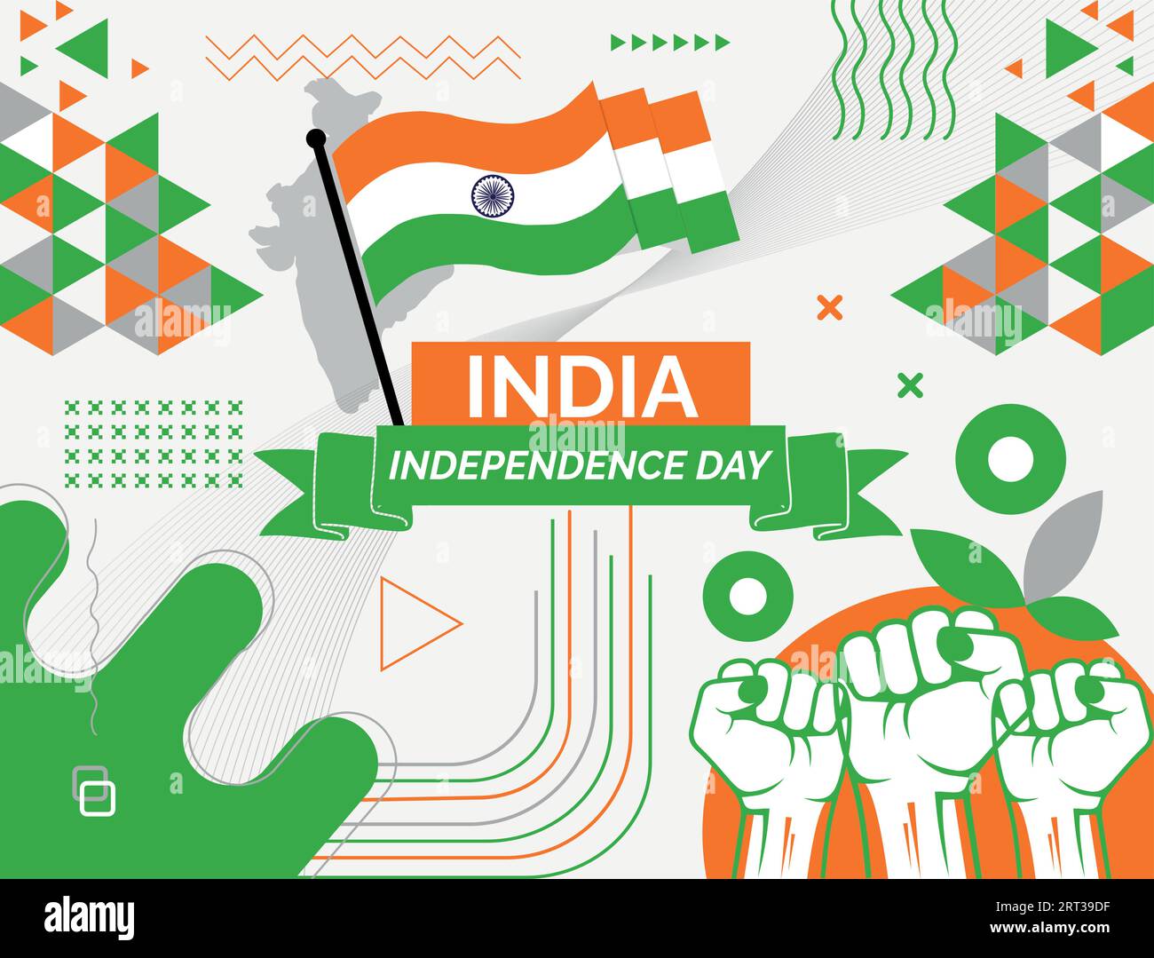 INDIA national day banner with map, flag colors theme background and geometric abstract retro modern colorfull design with raised hands or fists. Stock Vector