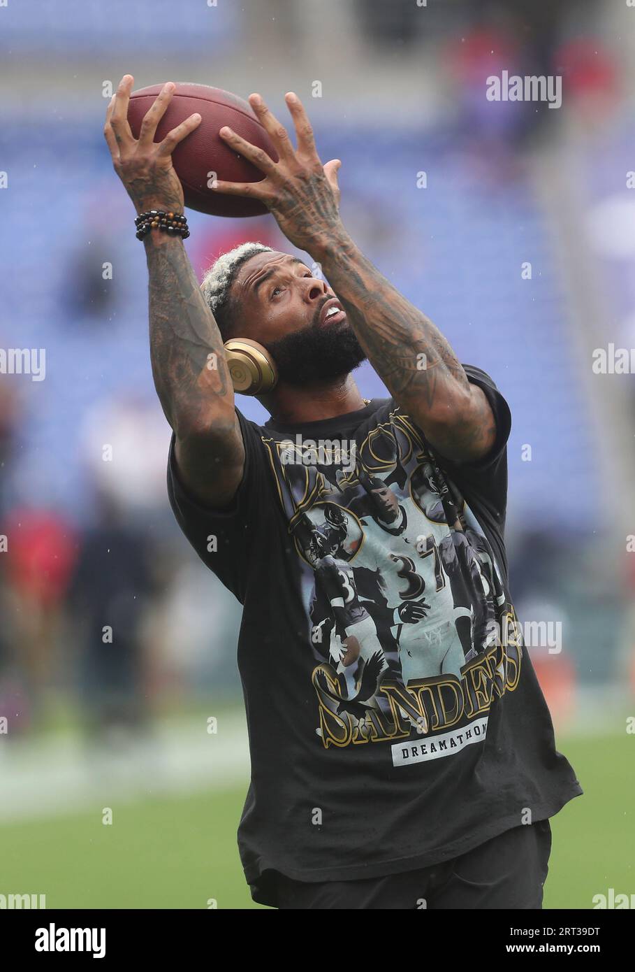 September 10, 2023: Baltimore Ravens WR Odell Beckham Jr. (3) warms up prior to a game against the Houston Texans at M&T Bank Stadium in Baltimore, MD. Photo/ Mike Buscher/Cal Sport Media Stock Photo