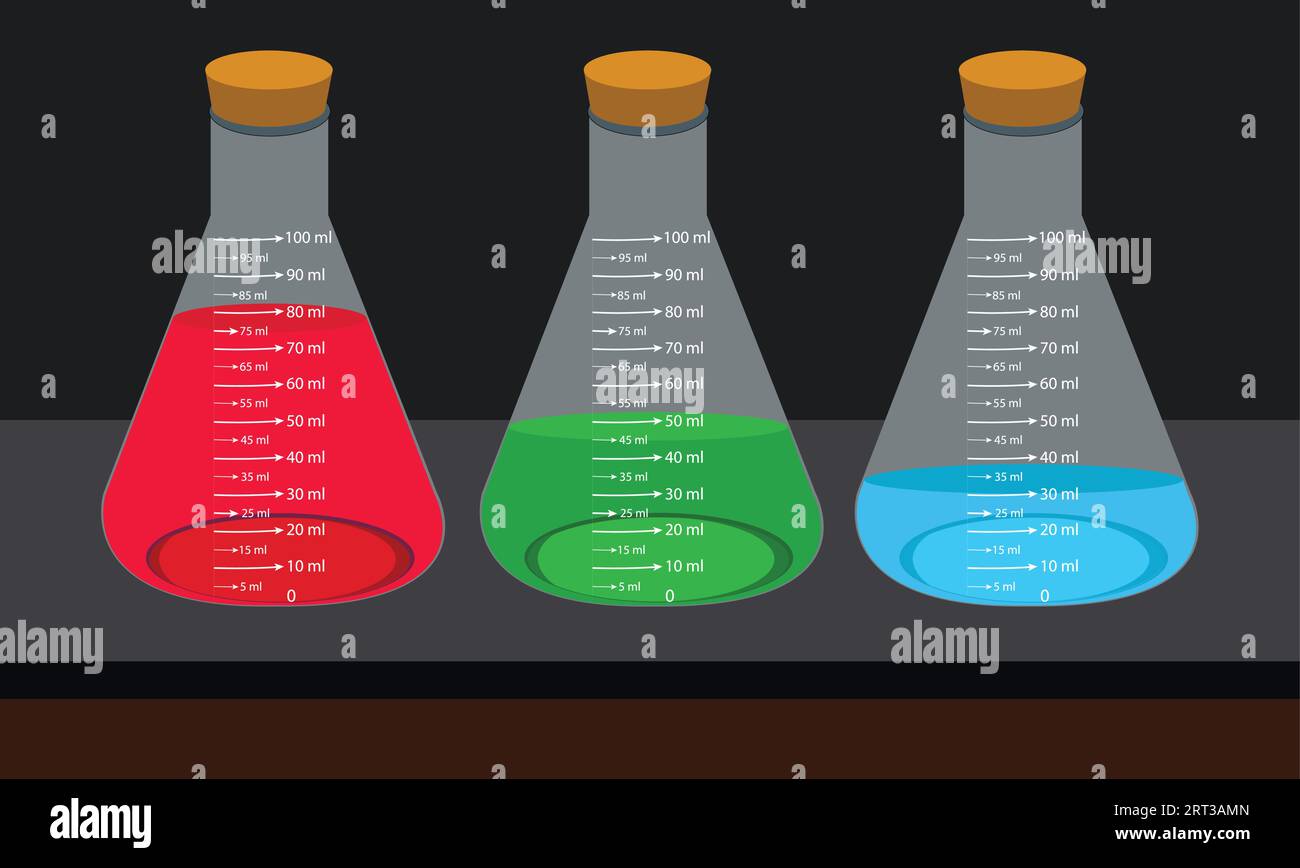 Glass laboratory chemical measuring flasks. with colorful liquids in a