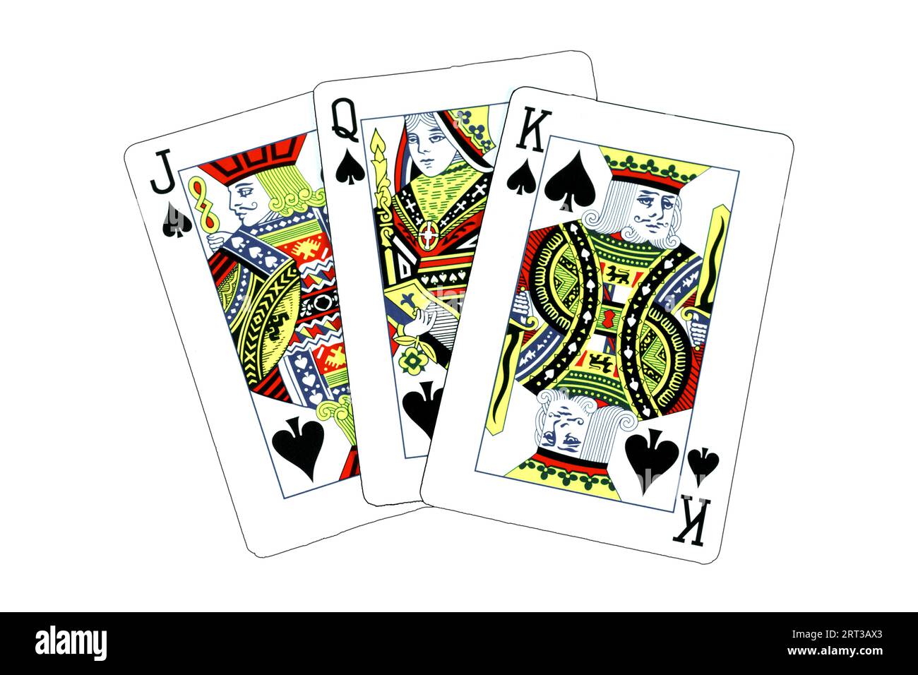 A set of three playing cards of king queen jack of spades in the white isolated background stock Stock Photo