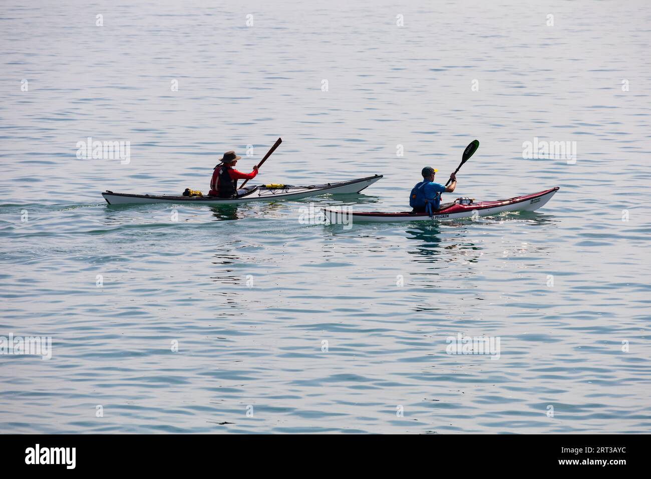 Men in two sea kayaks paddle across a calm sea. Bridport, Dorset ...