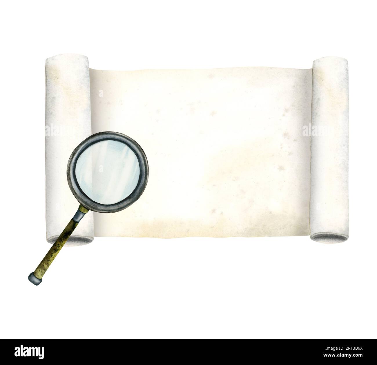 Magnifying glass and paper scroll for detective and researches designs watercolor illustration. Hand drawn magnifier Stock Photo