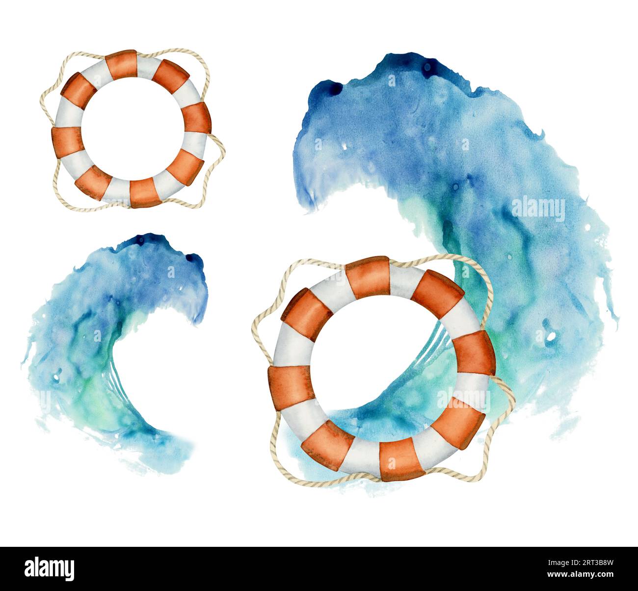 Watercolor lifebuoy and ocean wave illustration set. Nautical life