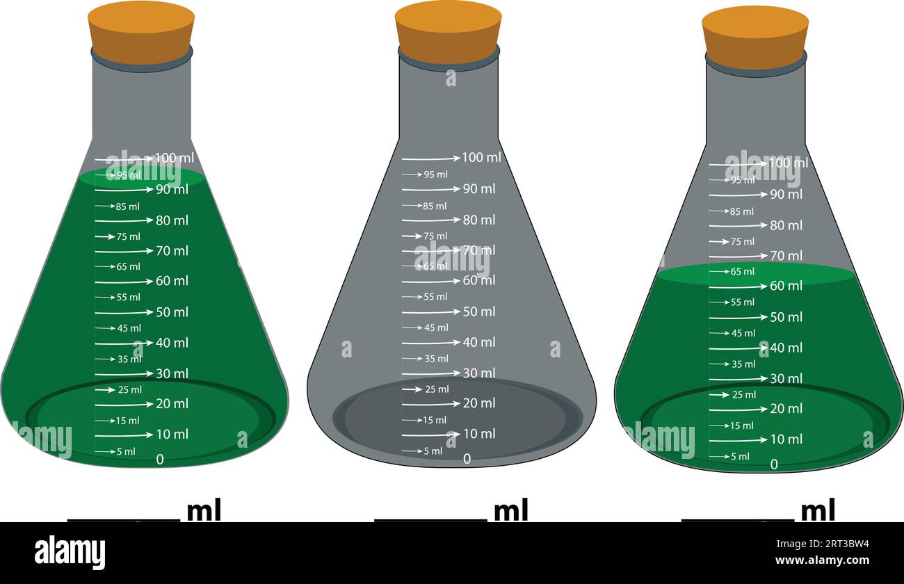 Glass laboratory chemical measuring flasks. with colorful liquids in a
