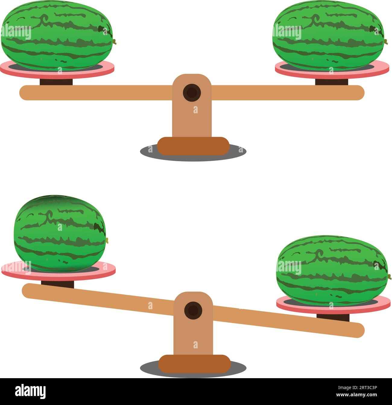 Weight scale balance scales measuring tomatoes on an isolated white  background. Comparison of weight in showing an unbalanced situation with  banana and carrot balancing on a seesaw. Vector illustration.