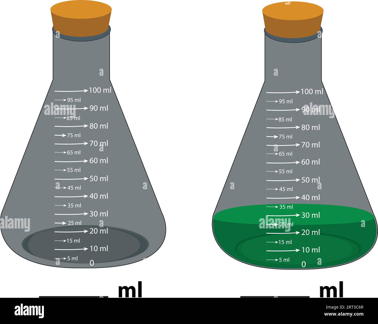 Glass laboratory chemical measuring flasks. with colorful liquids in a