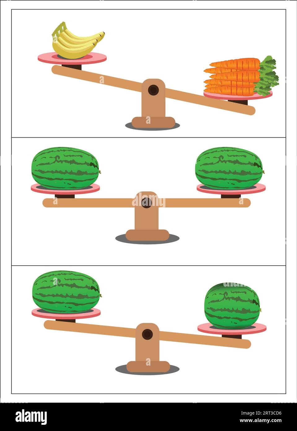 Comparison of weight in a cartoon minimal style, showing an unbalanced situation with balancing on a seesaw. Vector illustration. Stock Vector