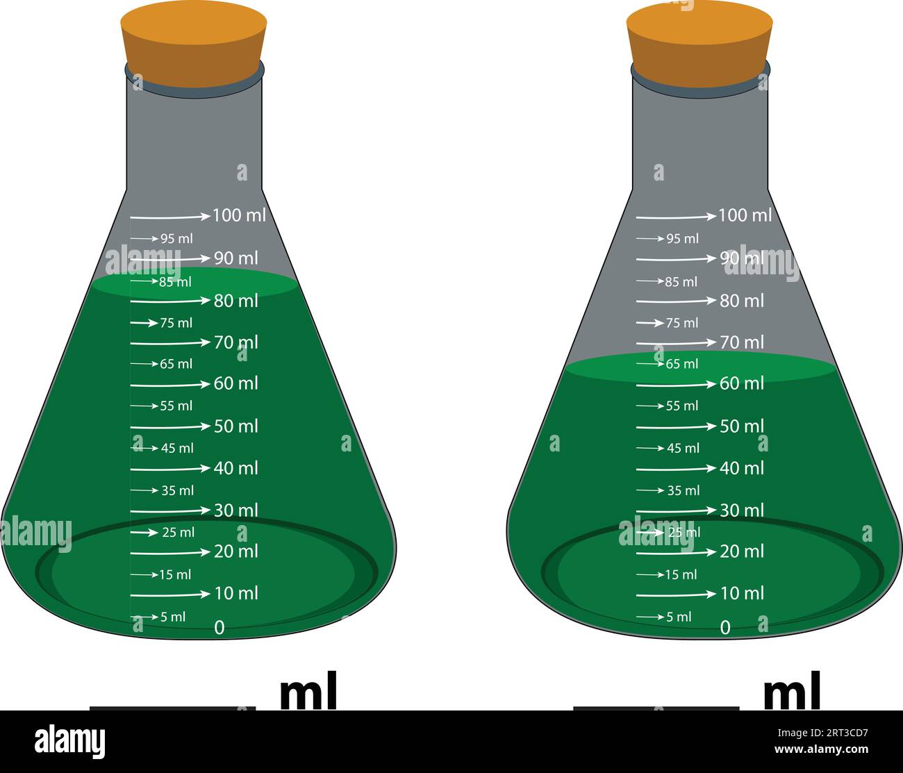 Glass laboratory chemical measuring flasks. with colorful liquids in a