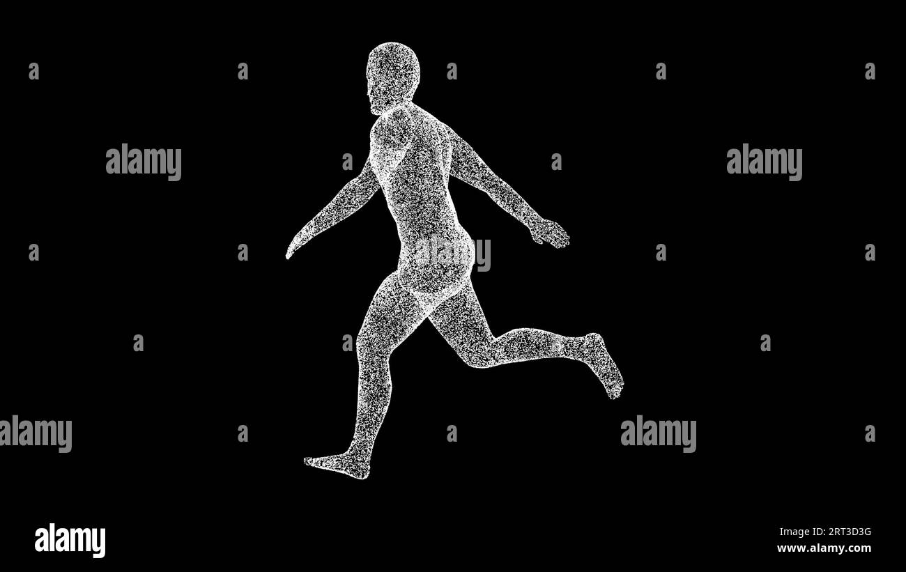 3D Running Man on black background. Sport and Recreation concept. Anatomy of a running man. Business advertising backdrop. For title, text Stock Photo