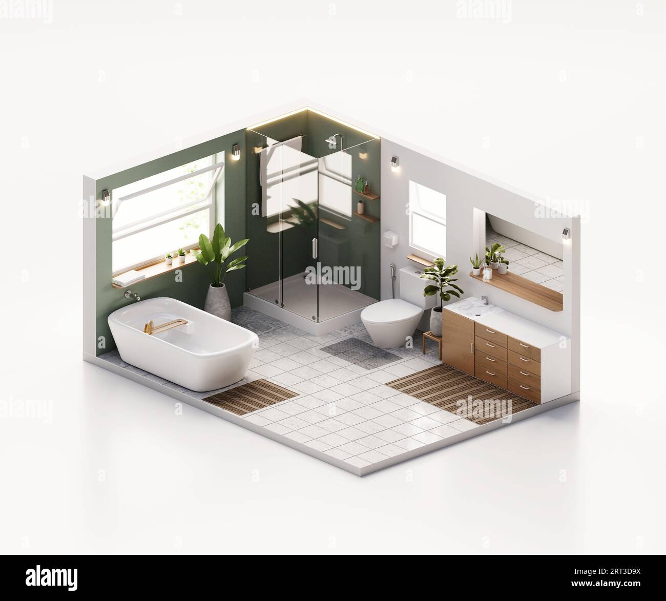 Isometric view bathroom open inside interior architecture 3d rendering ...
