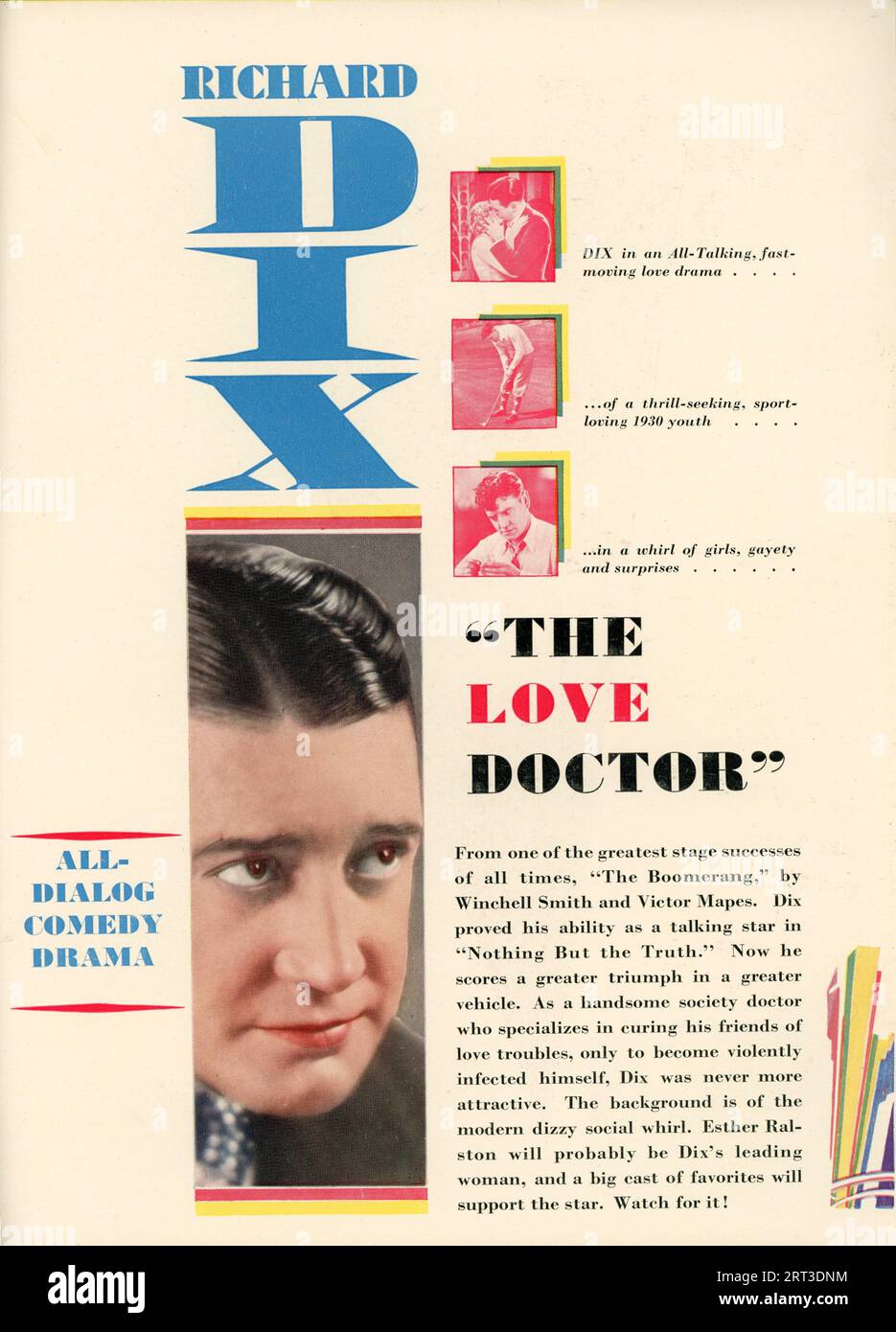 Promotional Artwork for RICHARD DIX and JUNE COLLYER in THE LOVE DOCTOR director MELVILLE W. BROWN play The Boomerang  by Winchell Smith and Victor Mapes adaptation J. Walter Rubin and Guy Bolton titles Herman J. Mankiewicz from the 1929 - 1930 Paramount Campaign Yearbook for Exhibitors Stock Photo