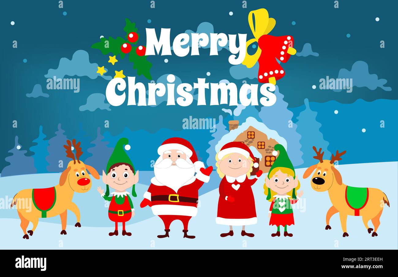 Santa Claus, Mrs. Santa, elves and deer waving. Fairy-tale cartoon winter landscape and text Merry Christmas. Festive New Year vector illustration. Stock Vector
