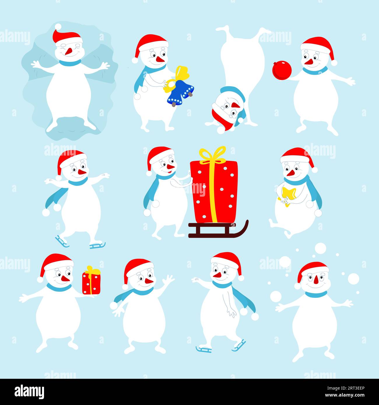 Set of snowmen in different figures and poses. Winter characters make a snow angel, skate, bring gifts. Stock Vector