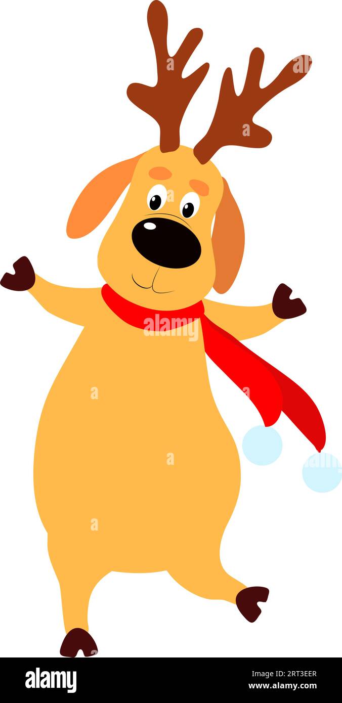 A happy and joyful Christmas deer is dancing or running. Cartoon character on a white isolated background. Vector stock illustration. Stock Vector