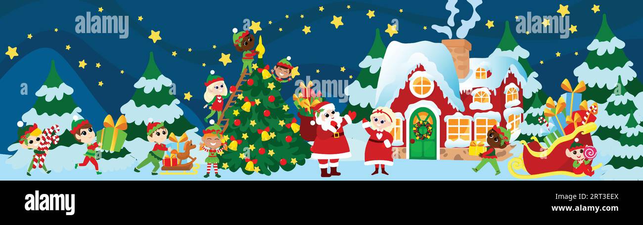 Scene in front of Santa Claus's house on Christmas night. Santa Claus and Mrs. Santa Claus stand in front of the house. Stock Vector