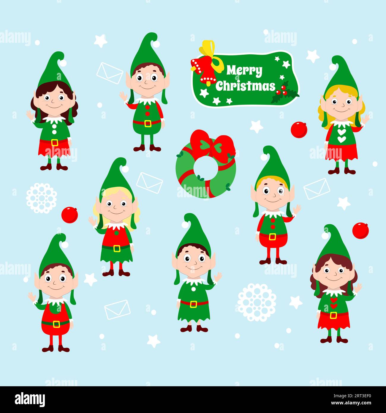 Set of Christmas happy elves. Santa claus helpers wave their hands and smile. Festive vector illustration of winter cartoon characters. Stock Vector