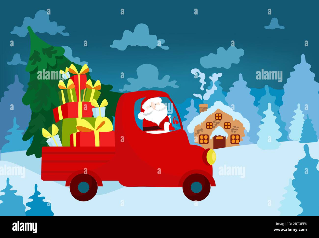 Santa Claus is carrying a fir tree and gifts in a truck against the backdrop of a winter fairy-tale landscape. Fir trees, clouds. Stock Vector
