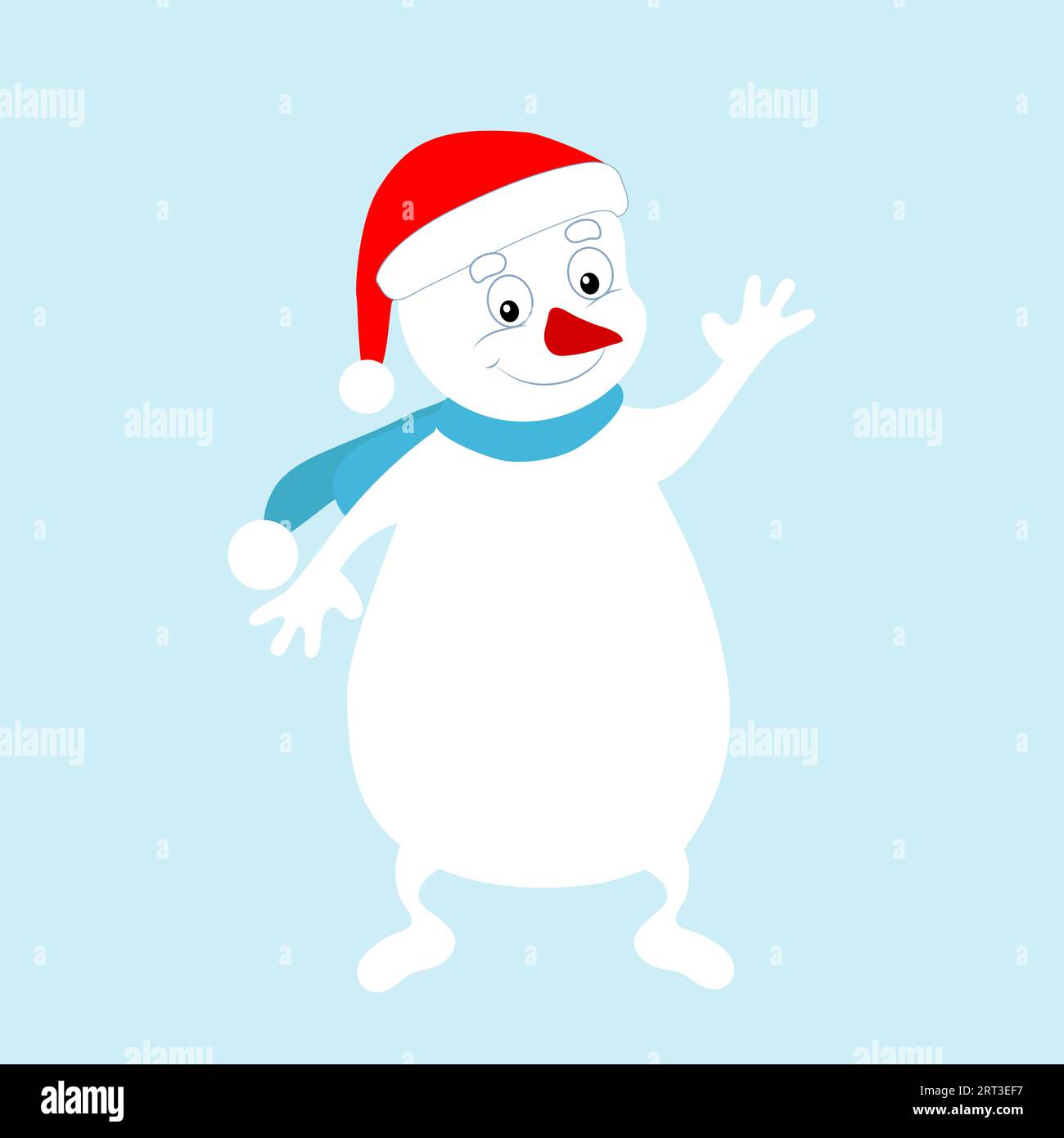 Cheerful joyful snowman in a hat of Santa Claus waves his hand. Picture of a cartoon winter character. Vector for New Year's greetings, decor. Stock Vector