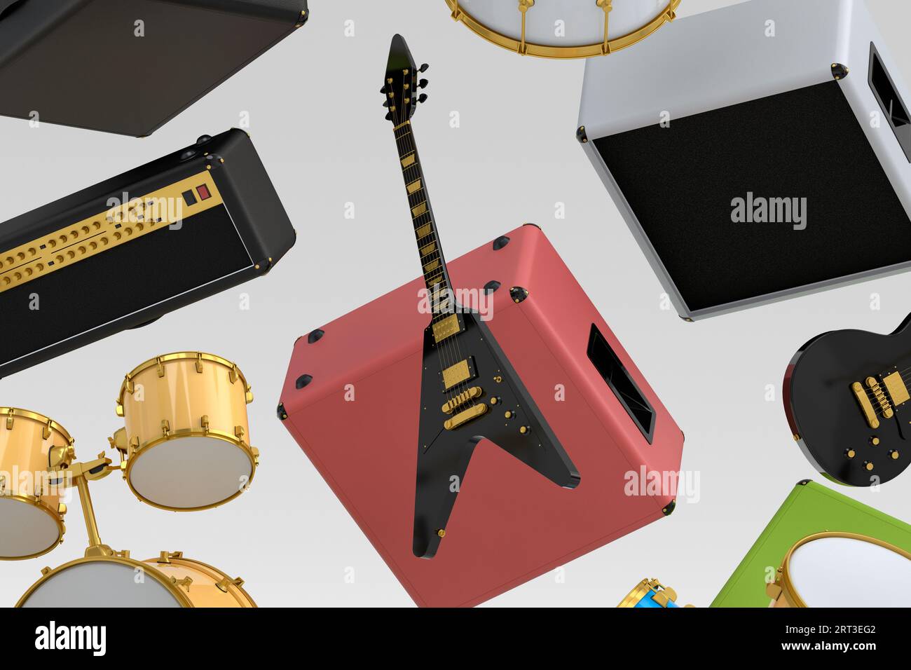 Many of flying acoustic guitars, drums with metal cymbals or drumset