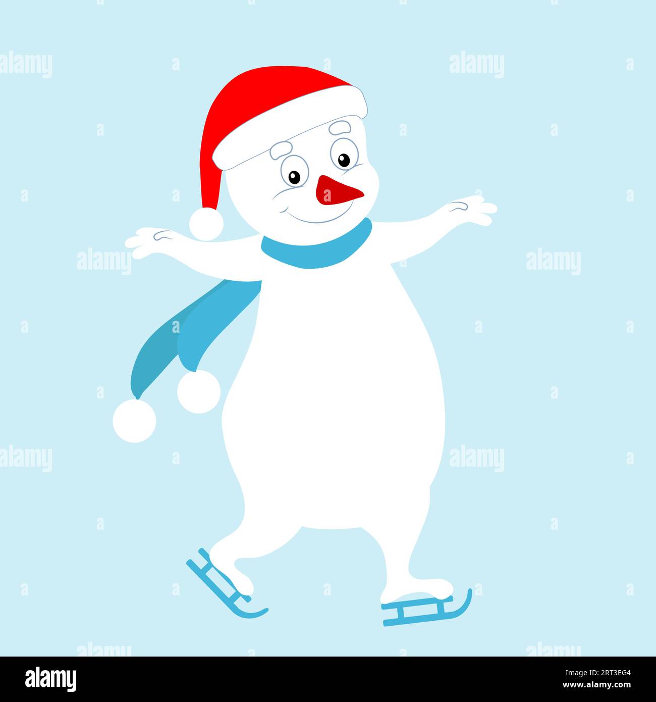 The snowman is ice skating, he is cheerful and cute. Cartoon vector winter character. Picture for Christmas cards, Christmas balls and holiday decor. Stock Vector