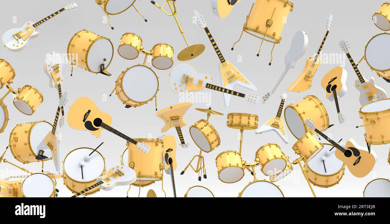 Many of flying acoustic guitars, drums with metal cymbals or drumset