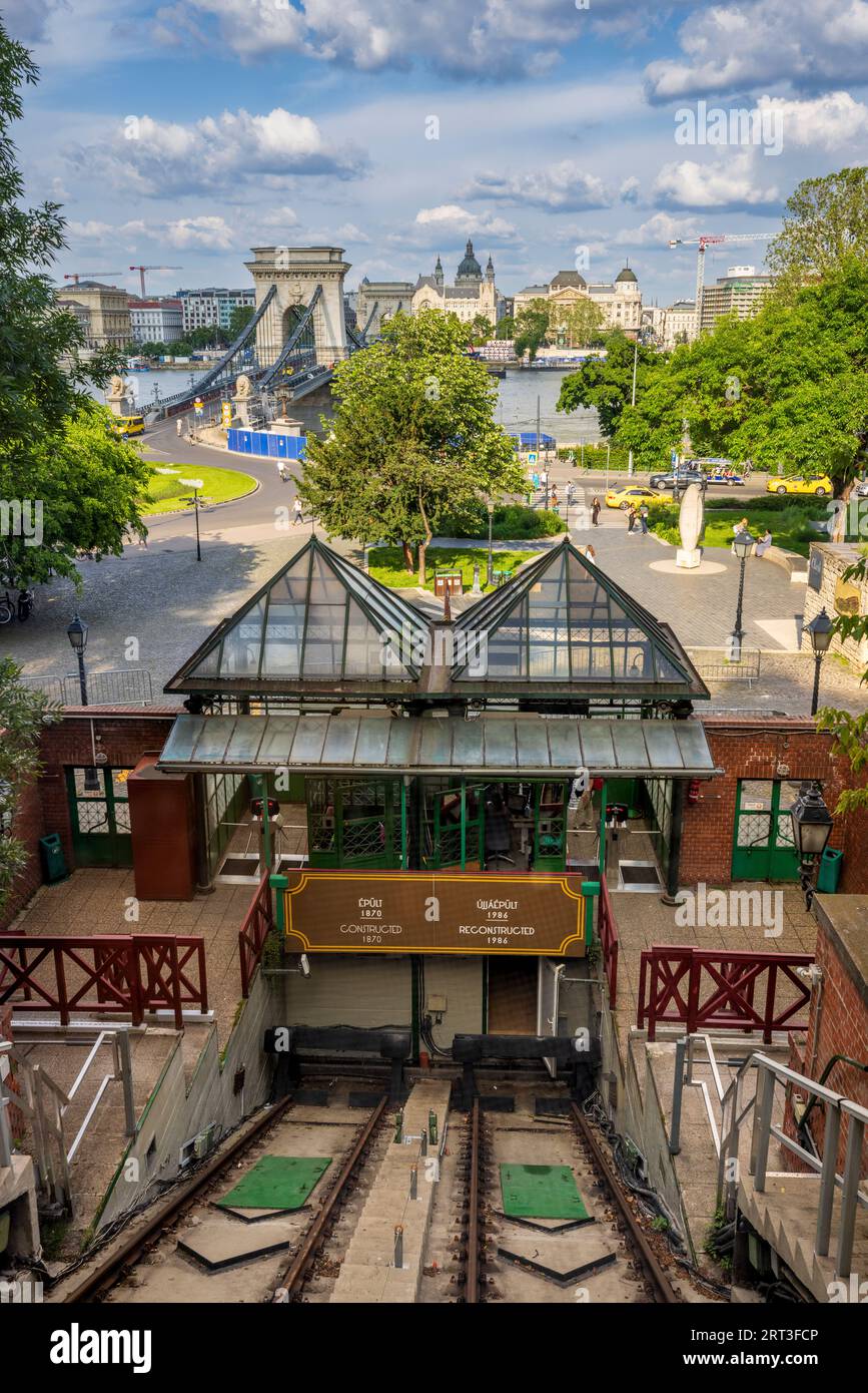 The Buda Castle Funicular Railway with the Danube river and Budapest in the background, Hungary Stock Photo
