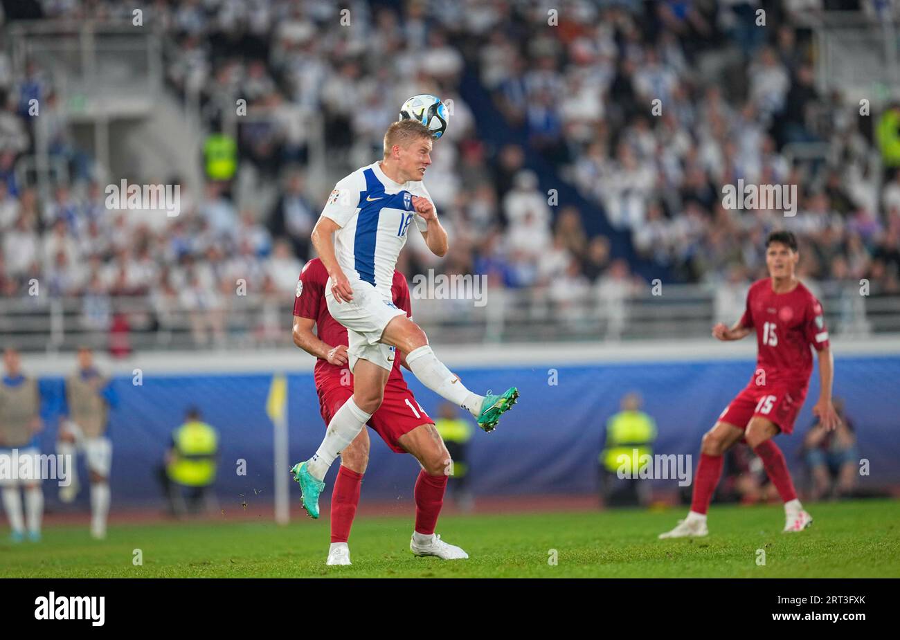 Helsinki, Finland. September 10 2023: Jere Uronen (Finland) heads during a Group H EURO 2024 Qualification game, Finland versus Denmark, at Olympic stadium, Helsinki, Finland. Kim Price/CSM Credit: Cal Sport Media/Alamy Live News Stock Photo