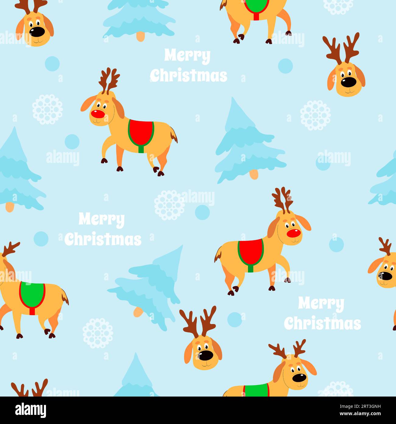Cartoon deer,  spruce and snowflakes on a blue background. Seamless vector pattern for packaging, textiles and web design. Merry Christmas text. Stock Vector