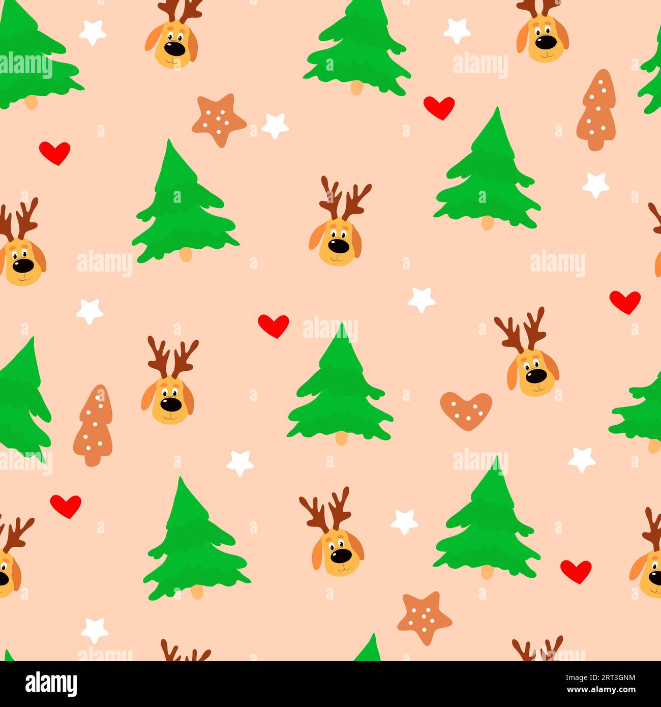 Christmas seamless pattern with fir trees, gingerbread, stars and deer faces. Light pink background. Design for wrapping paper, packaging, textiles. Stock Vector
