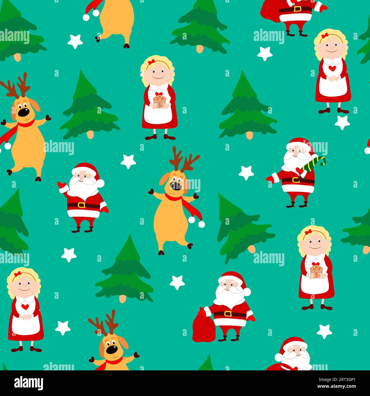 Very positive Christmas seamless pattern on a green background. Santa Claus, Mrs Santa Claus, deer and many trees. Vector cheerful illustration. Stock Vector