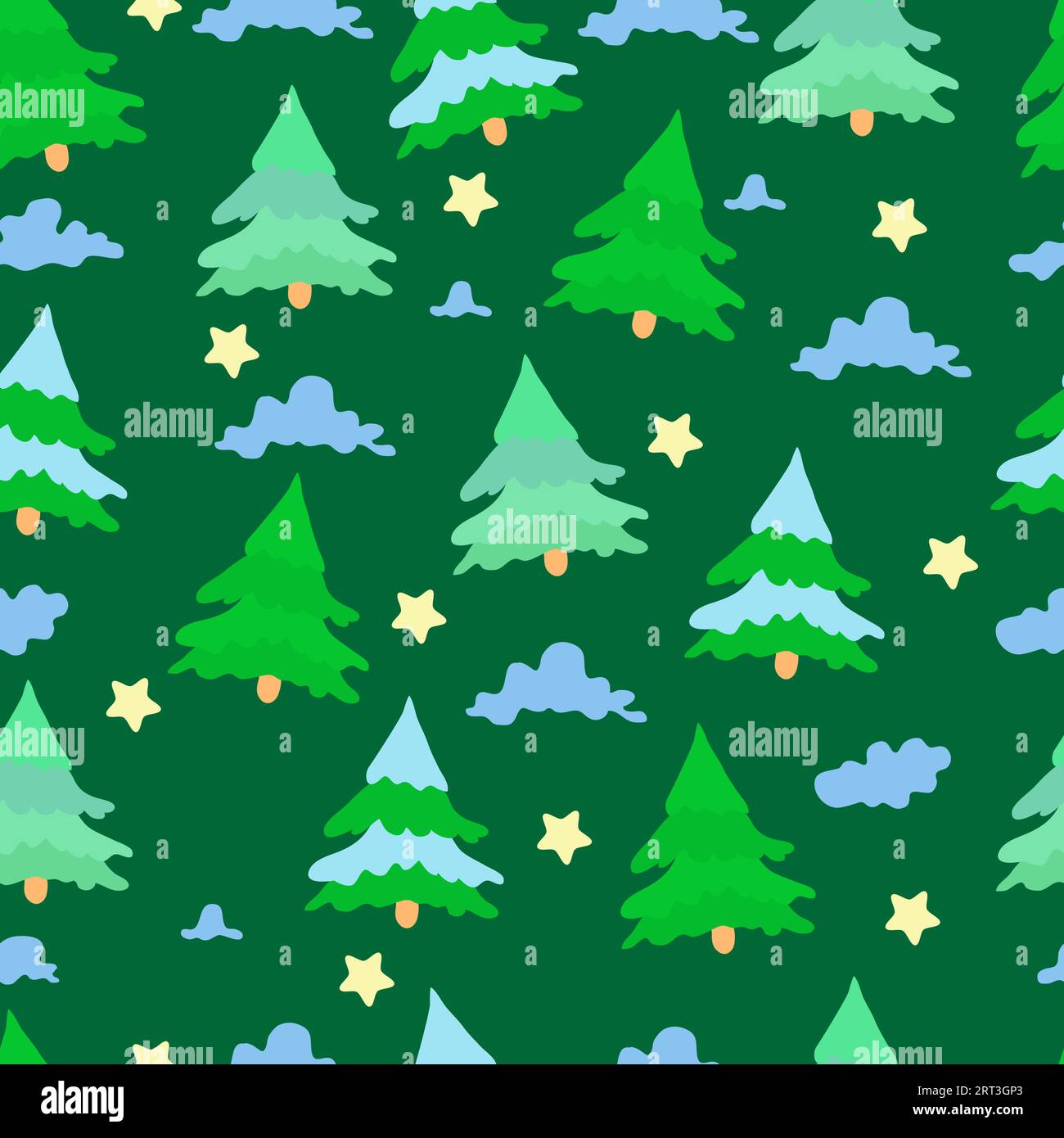 Seamless pattern of forest firs, clouds and stars on a dark green background. Pattern for packaging, for Christmas gifts, for wrapping paper. Stock Vector