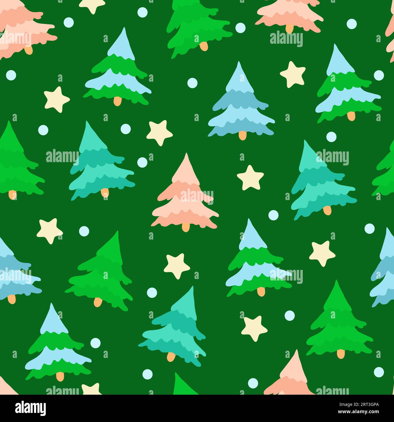 Green, blue, coral spruces and stars on a dark green background. Seamless pattern for backgrounds, packaging, textiles and web design. Stock Vector
