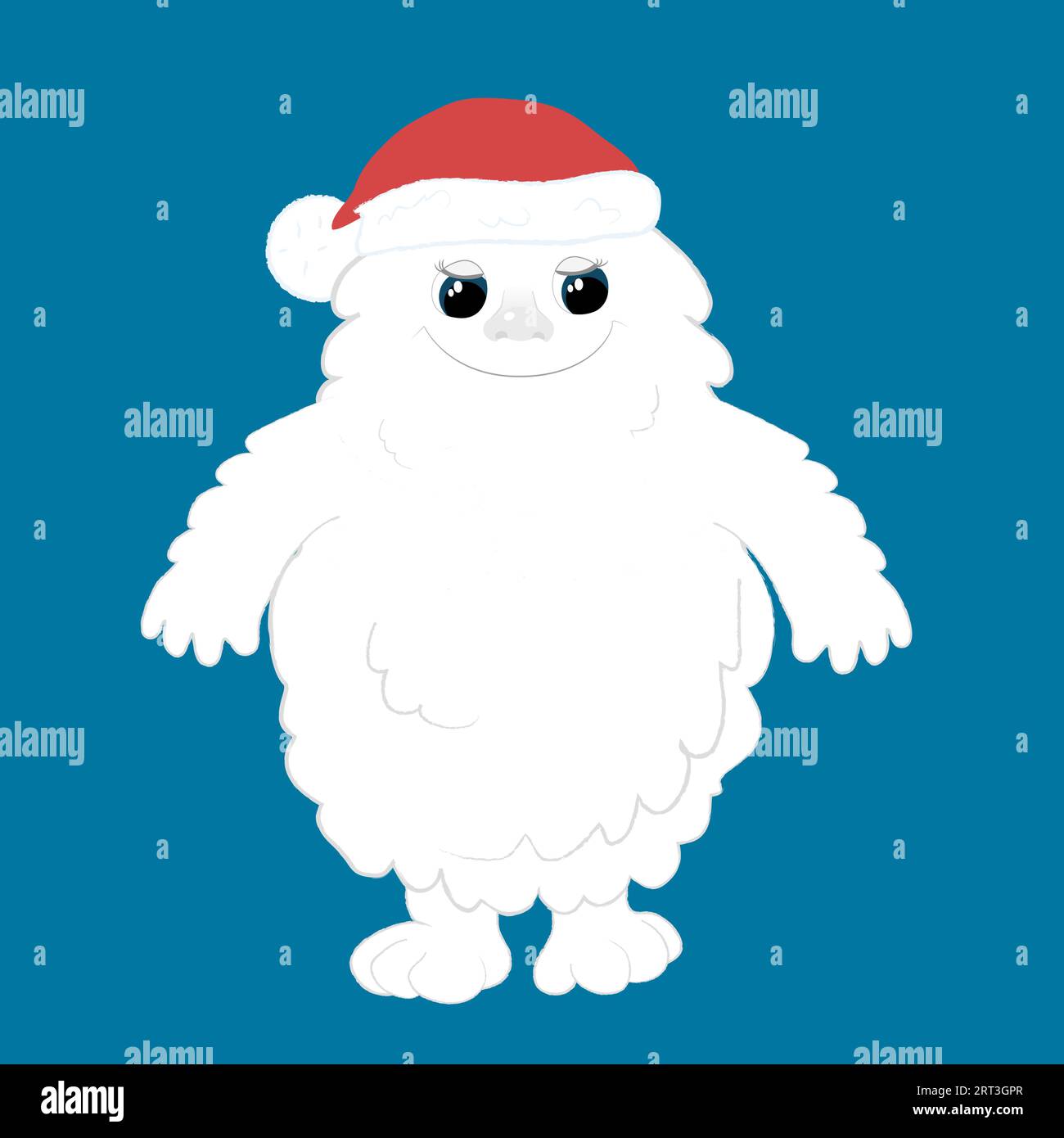 A cute charming bigfoot stands upright isolated on dark blue background and he smiling. Etty is wearing a red Christmas hat. Stock Vector