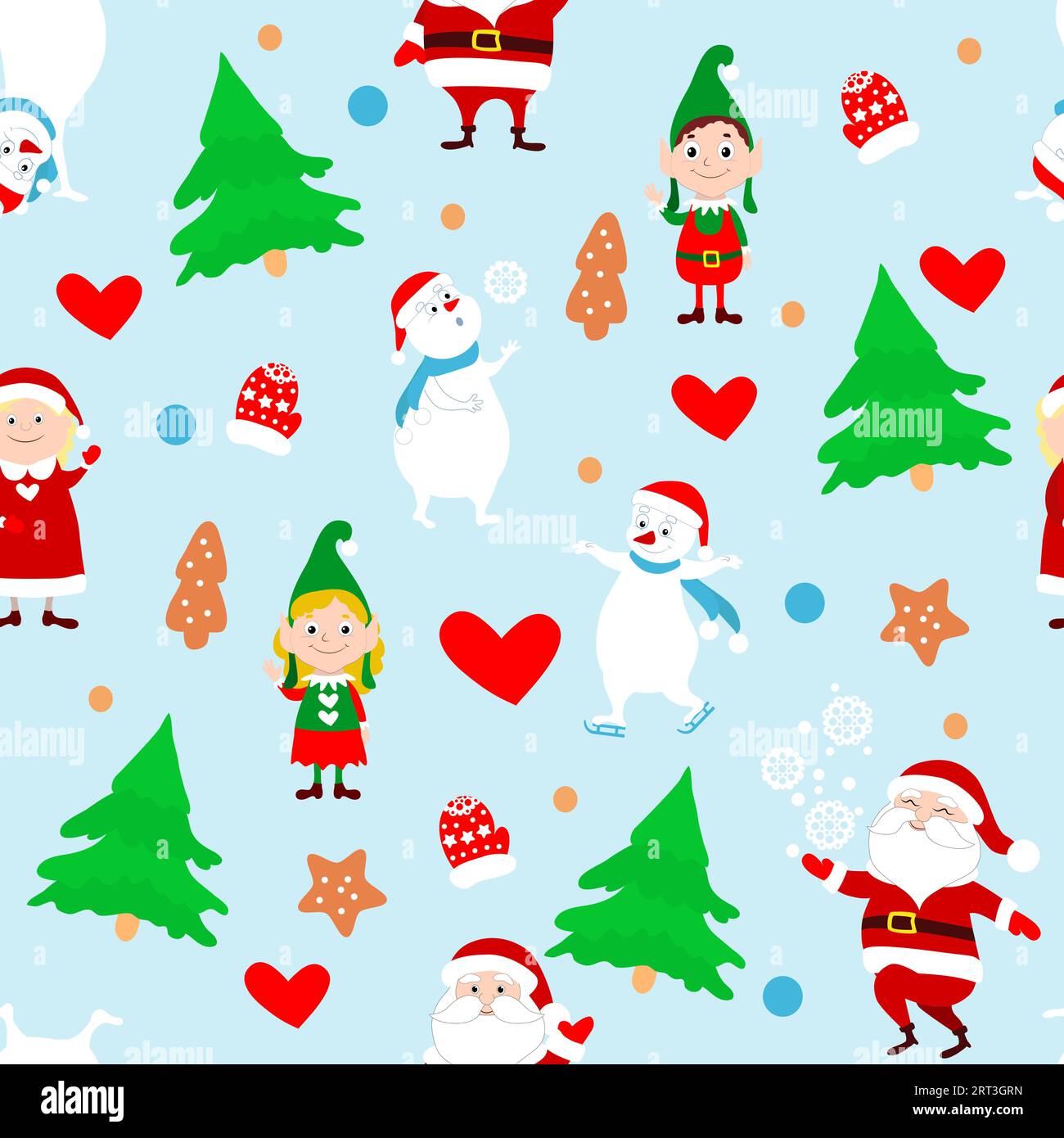 New Year and Christmas seamless pattern. Santa Claus, Mrs. Santa, elves, snowmen, Christmas trees, mittens and gingerbread cookies in cartoon style. Stock Vector