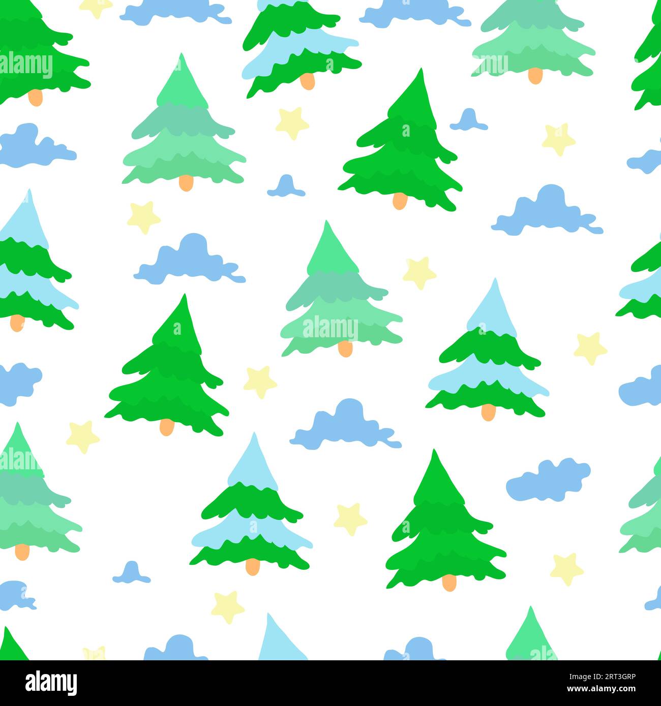 Bright pattern for baby textiles. Stylized green and colored fir trees, clouds and stars isolated on a white background. Cartoon vector. Stock Vector