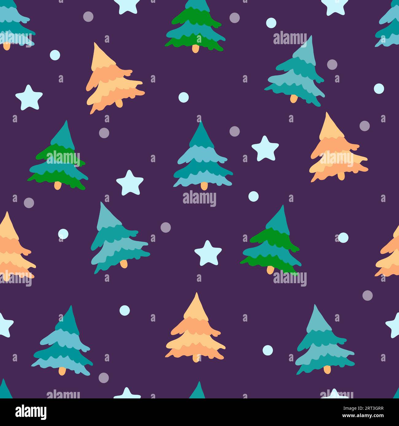 Seamless pattern multicolored Christmas trees, stars and snowballs on a blue-purple background. Christmas or winter ornament. Idea for packaging. Stock Vector
