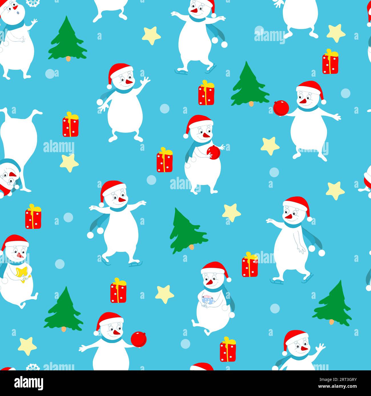 Seamless Christmas pattern of spruce, snowmen, stars on a blue background. Pattern for packaging, for Christmas gifts, for wrapping paper. Stock Vector