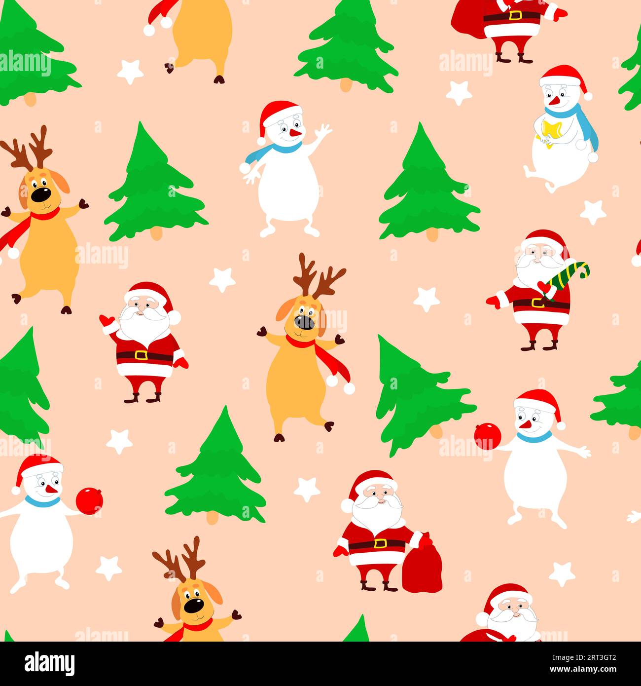 Seamless Christmas pattern fir, Santa Claus, snowmen, deers, white stars on a pink background. Pattern for packaging, for Christmas gifts. Stock Vector