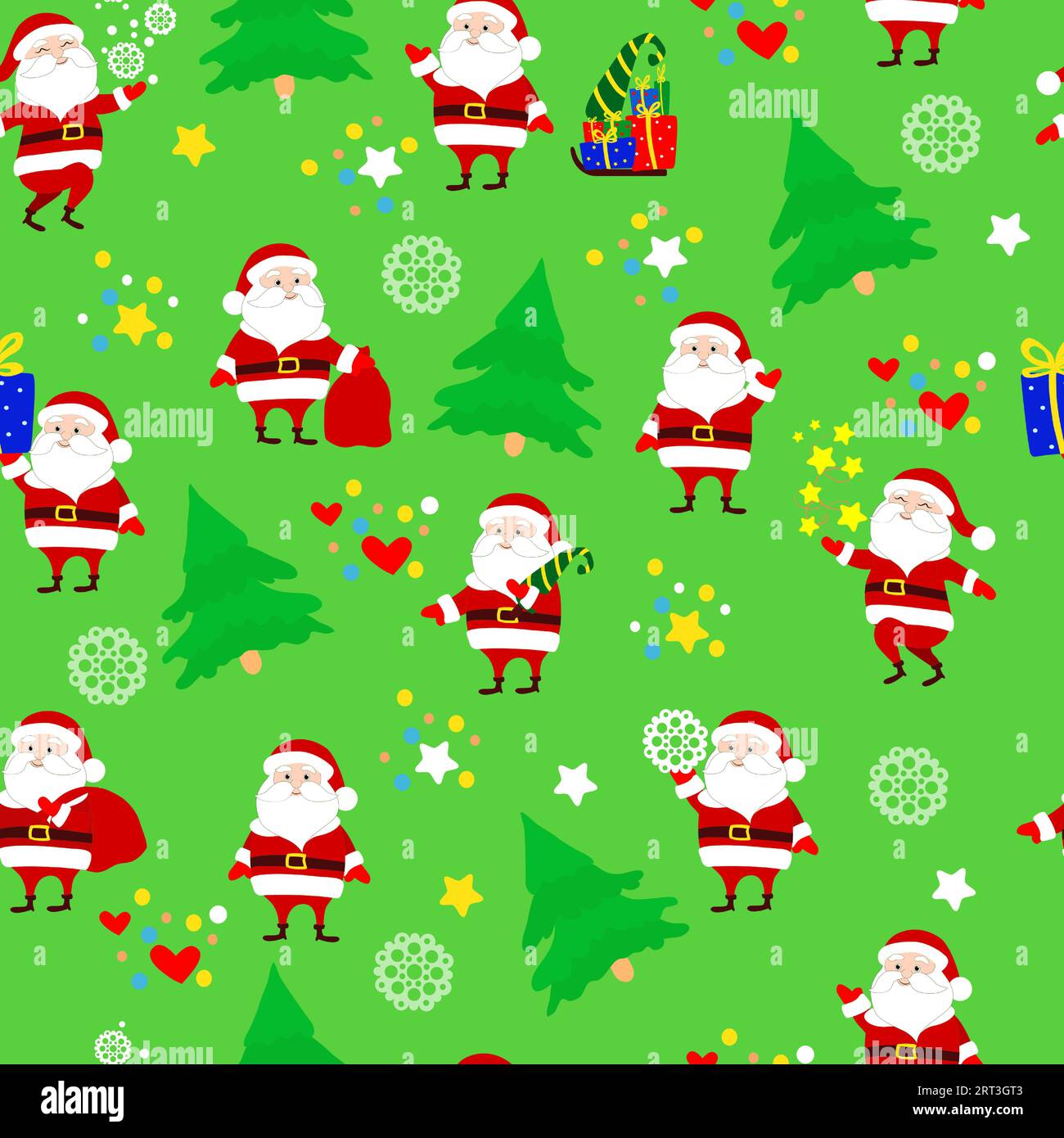 Seamless Christmas pattern Santa Claus in different poses, forest firs, snowflakes, gifts, stars on a green background. Pattern for packaging. Stock Vector