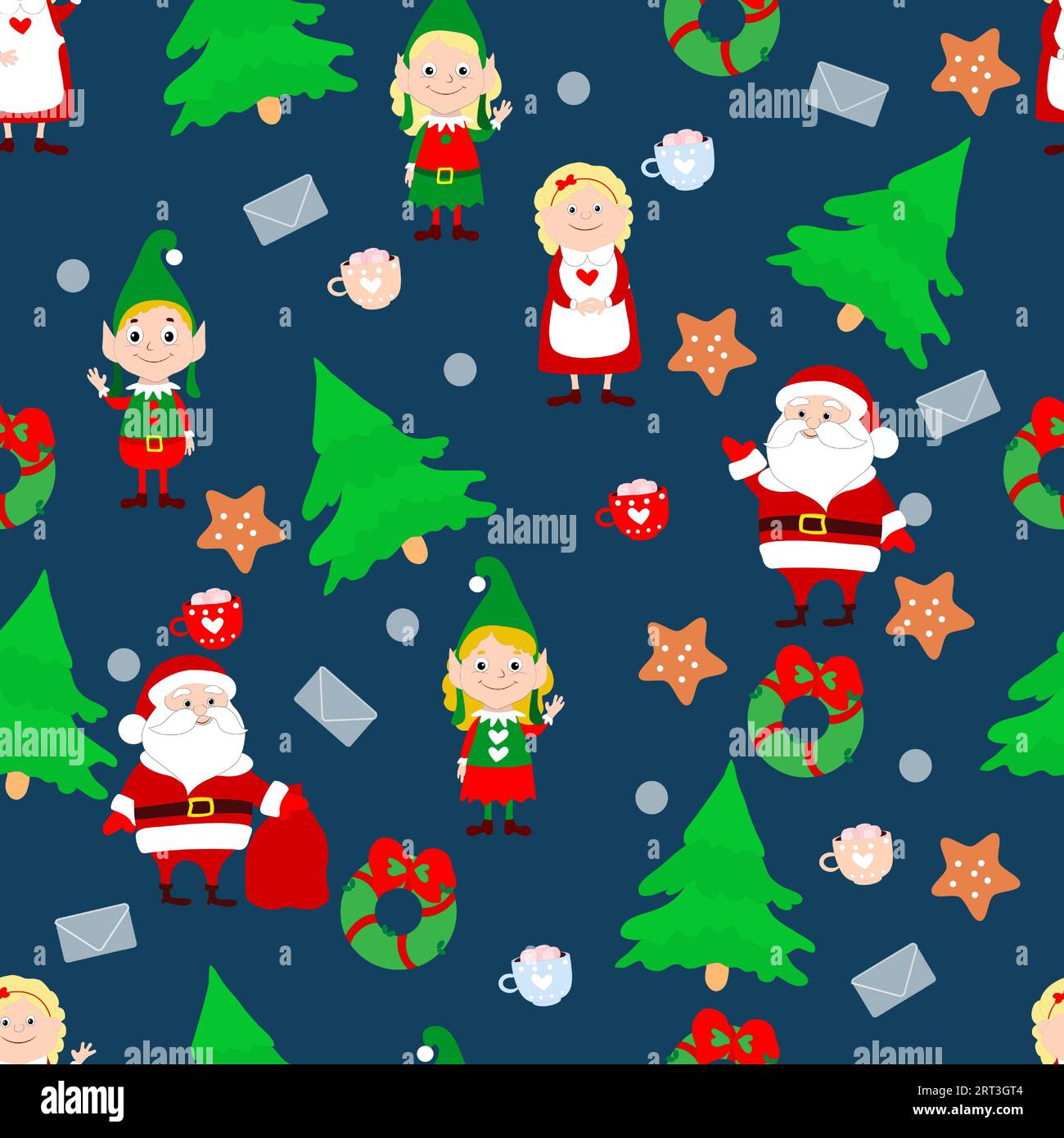 Christmas seamless pattern Santa Claus and Mrs Santa Claus, funny elves in green costumes, letter, Christmas trees, gingerbread on a dark blue backgro Stock Vector