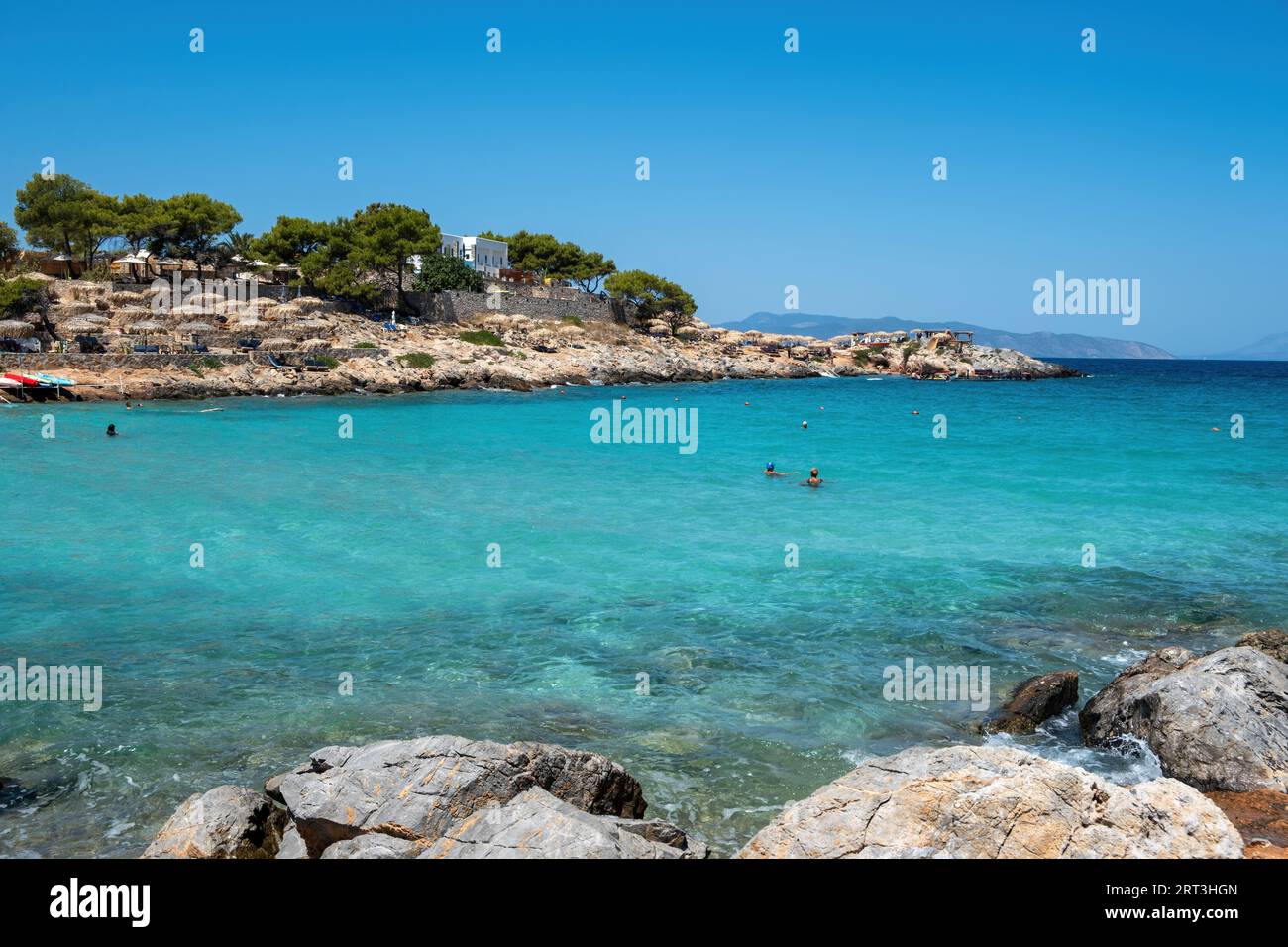 Greece Aponisos beach, destination Agistri island. Rocky beach with pine tree and umbrella, people swim in turquoise sea water, blue sky, sunny day. Stock Photo