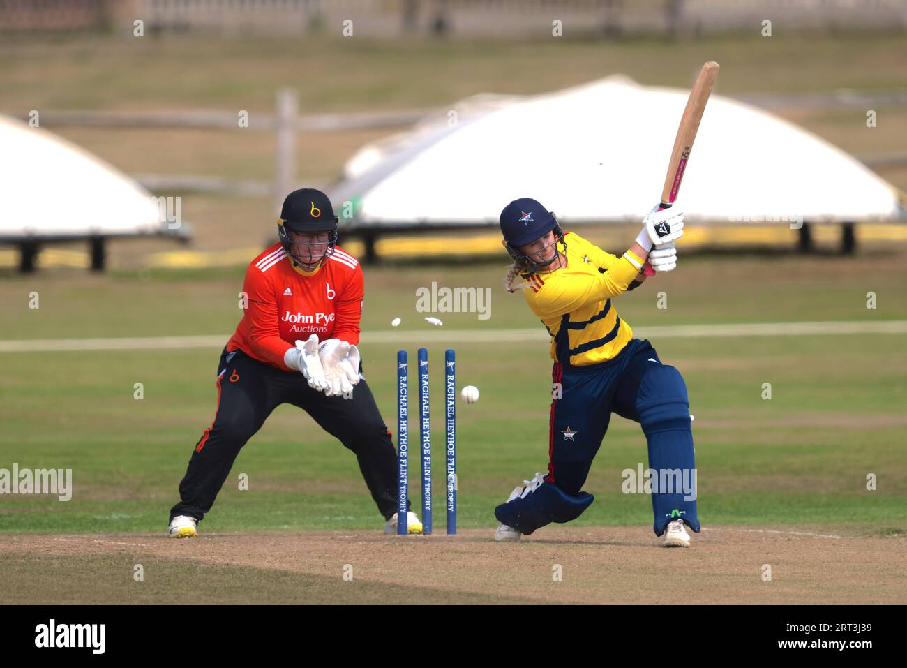 London, UK. 10th Sep, 2023. The Stars Chloe Hill is bowled by Josie Groves as The South East Stars take on The Blaze in the Rachael Heyoe-Flint Trophy match at The County Ground, Beckenham. Credit: David Rowe/Alamy Live News Stock Photo