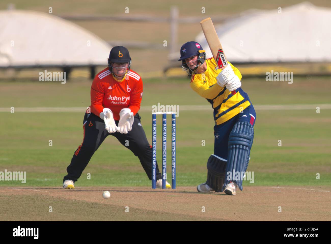 London, UK. 10th Sep, 2023. The Stars Paige Scholfield batting as The South East Stars take on The Blaze in the Rachael Heyoe-Flint Trophy match at The County Ground, Beckenham. Credit: David Rowe/Alamy Live News Stock Photo
