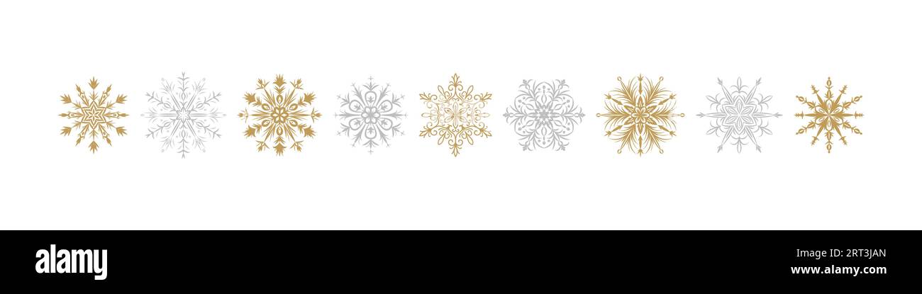 Golden and silver snowflakes. Merry Christmas and happy new year greeting card design element. Vector illustration isolated on white. Winter backgroun Stock Vector