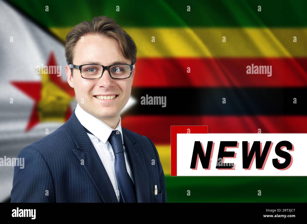 News anchor, tells the latest news, smiling, against the background of ...