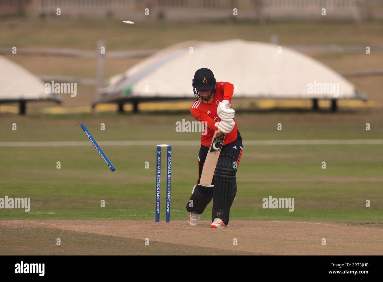 London, UK. 10th Sep, 2023. Teresa Graves of The Blaze is bowled by Ryana MacDonald-Gay as The South East Stars take on The Blaze in the Rachael Heyoe-Flint Trophy match at The County Ground, Beckenham. Credit: David Rowe/Alamy Live News Stock Photo