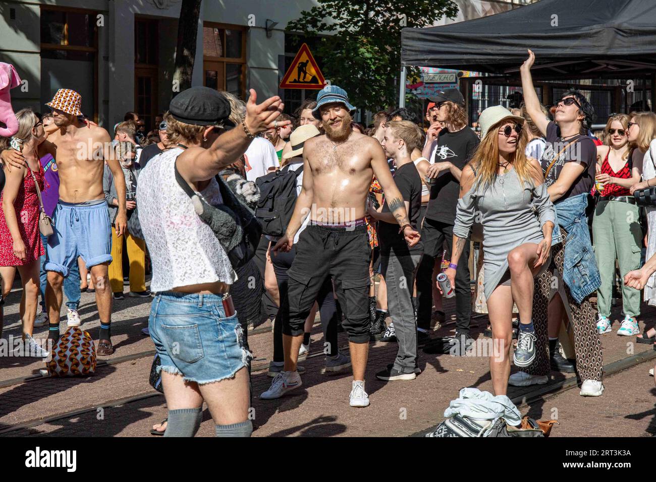 People dancing in the street at Kallio Block Party 2023 in Helsinki, Finland Stock Photo