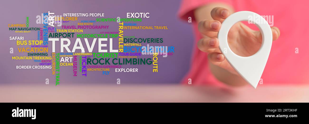 Travel planning. GPS pin symbol in hand and a word cloud on the theme of travel in different colors and sizes on a purple background. Banner on the Stock Photo